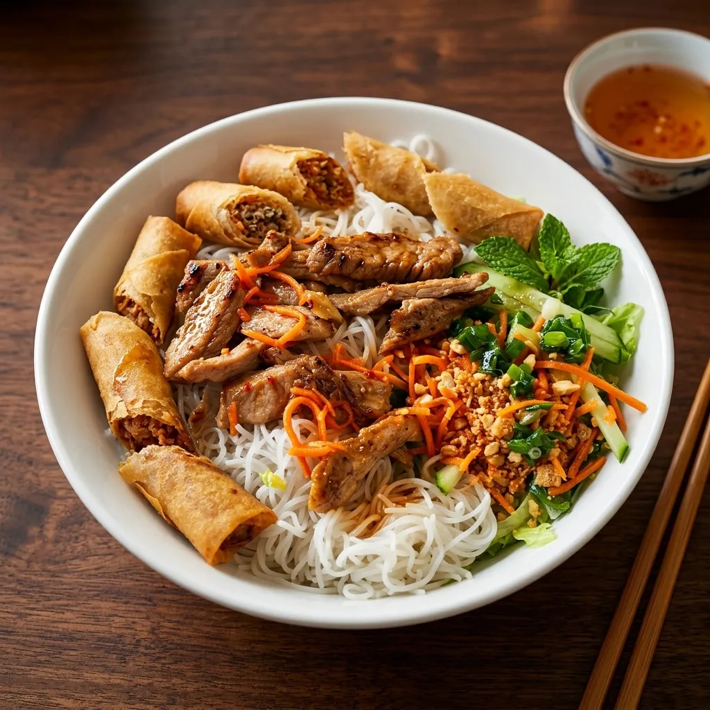 Grilled beef and spring roll vermicelli bowl (Bún) at Saigon Pearl, Calgary NE